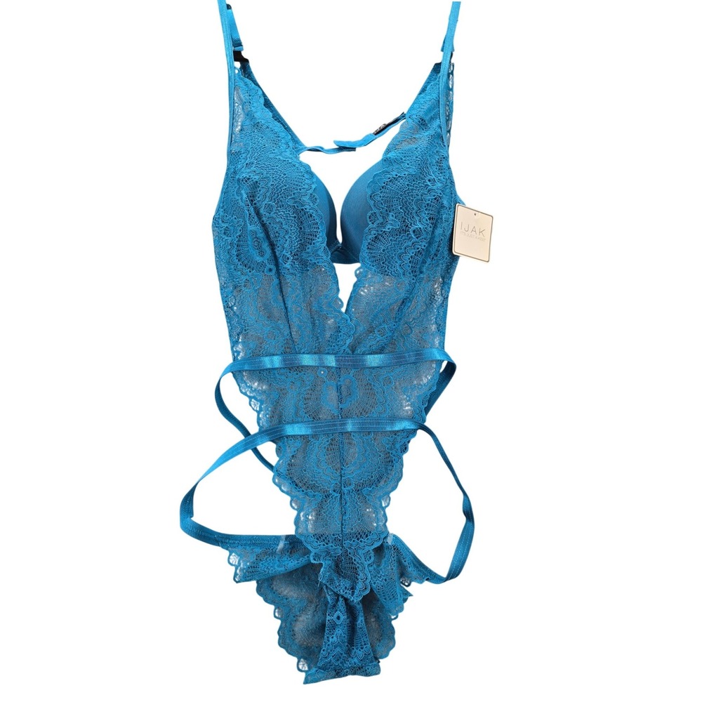 NWT IJAK Lace Teddy Bodysuit Women Large Teal Blue Strappy Underwire IJBS-0167